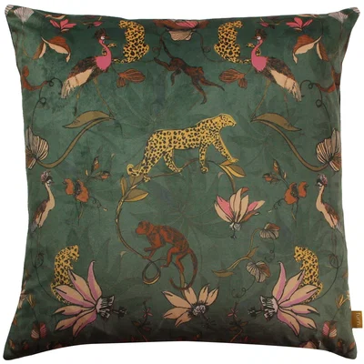 Dunelm Wildlings Velvet Cushion Green/Brown