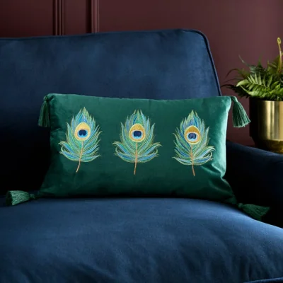 Dunelm Embroidered Peacock Feather Rectangle Cushion