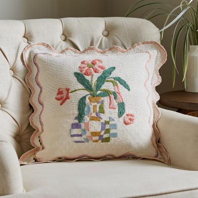 Dunelm Floral Vase Embroidered Cushion, 43x43 Cream