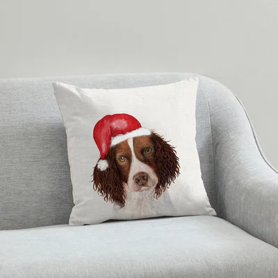 Dunelm Spaniel Christmas Hat Cushion White, Brown and Red