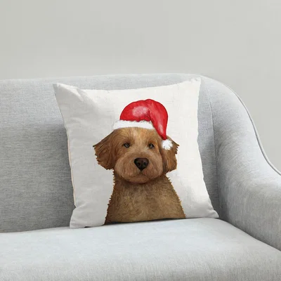 Dunelm Cockapoo Christmas Hat Cushion White, Brown and Red