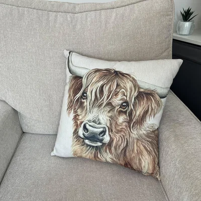 Dunelm Christine Varley Highland Cow Square Cushion Brown