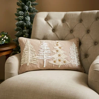 Dunelm Beaded Christmas Trees Rectangular Cushion Natural