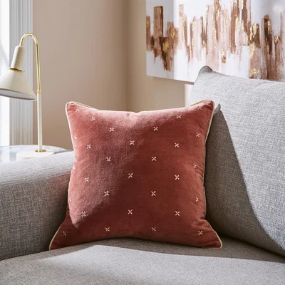 Dunelm Cross Stitch Cotton Velvet Square Cushion Rosewood Red