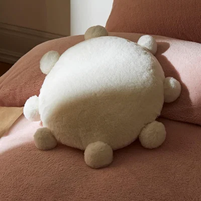 Dunelm Pom Faux Fur Round White Cushion Cream