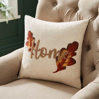 Dunelm Embroidered Home Leaf Cushion, 43x43cm MultiColoured