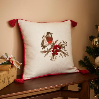 Dunelm Festive Robin Embroidered Cushion Cream (Natural)