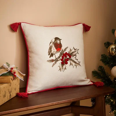 Dunelm Festive Robin Embroidered Cushion Cream (Natural)