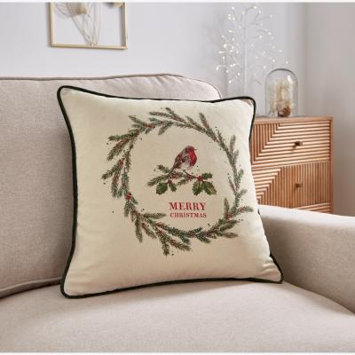 Dunelm Winter Robin Printed Cushion Green