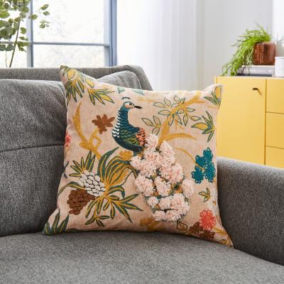 Dunelm Embroidered Peacock Cushion Pink