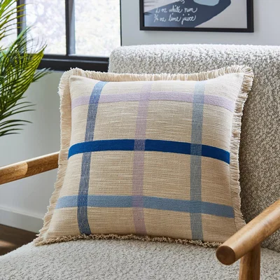Dunelm Woven Check Cotton Square Cushion Blue
