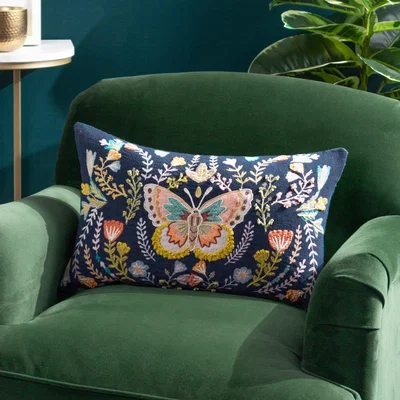 Dunelm Wylder Mirrored Butterfly Cotton Rectangle Cushion Midnight