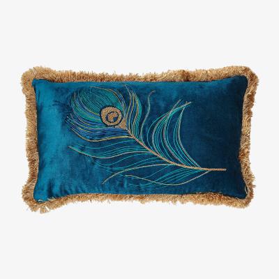 Dunelm Blue Peacock Fringed Cushion Blue