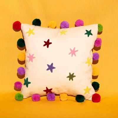 Dunelm Raspberry Blossom Tufted Stars Cushion with Pom Poms MultiColoured