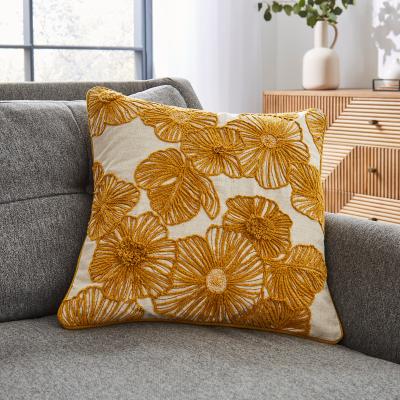 Dunelm Floral Embroidery Cushion Yellow