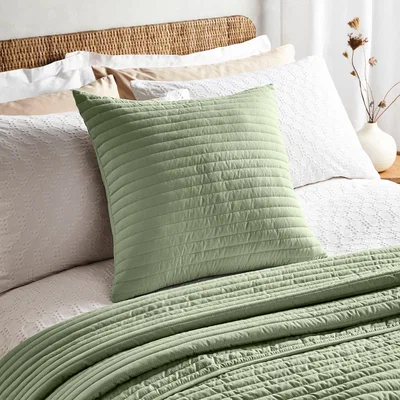 Dunelm Bianca Quilted Lines Square Feather Filled Cushion Green