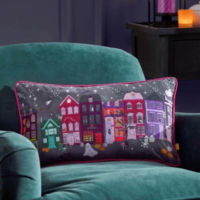 Dunelm Creepy Town Rectangle Cushion Charcoal (Grey)