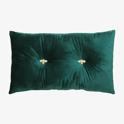 Dunelm Teal Bumble Bee Velour Cushion Green and Gold