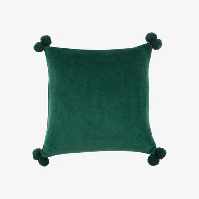 Dunelm Clara Velvet Square Pom Pom Cushion Green