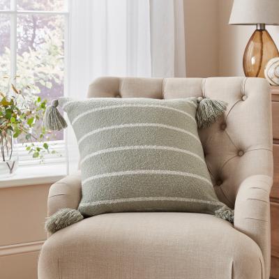 Dunelm Stripe Woven Tassel Square Cushion Sage (Green)