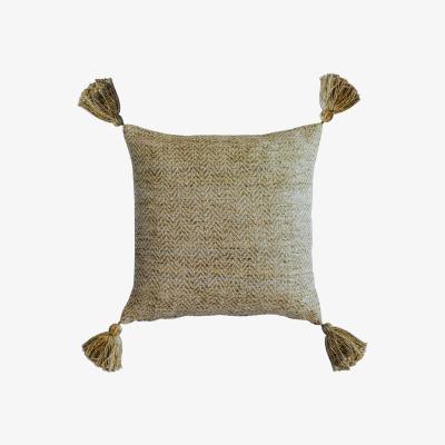 Dunelm Mottled Tassel Velvet Cushion Ochre (Yellow)
