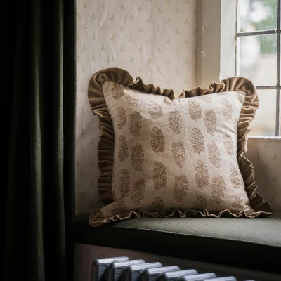 French Bedroom Harvest Handblock Ruffle Velvet Cushion