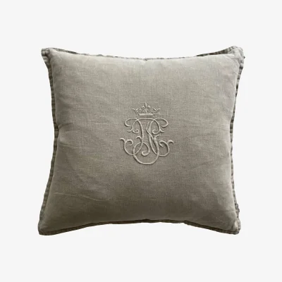 French Bedroom Embroidered Crown Cushion in Oatmeal