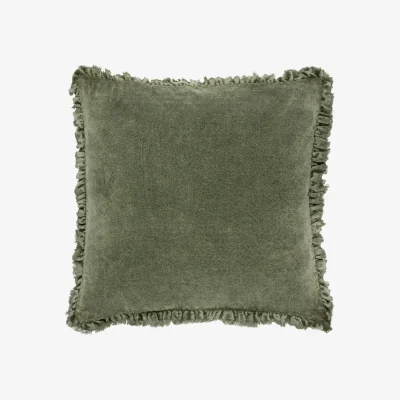 French Bedroom Lara Ruffled Velvet Cushion in Moss Green