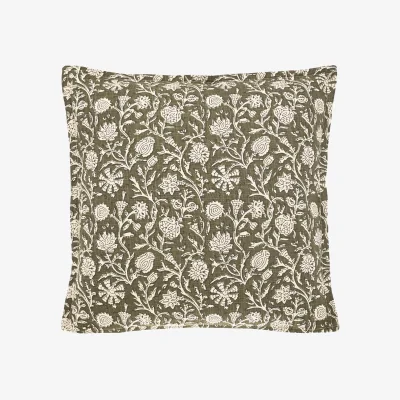 French Bedroom Handblock Print Cushion in Moss Green