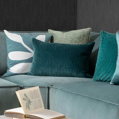 Feather & Black Velvet Quilted Cushion, Ocean