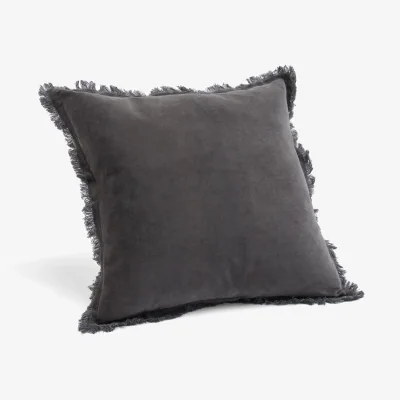 Feather & Black Victoria Fringed Velvet Cushion - Slate