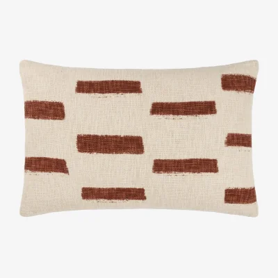Feather & Black Printed Slub Cotton Feather Cushion - Pecan