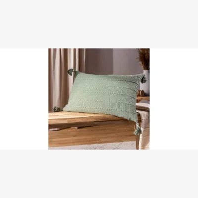Feather & Black Textured Tassel Cushion - Eucalyptus