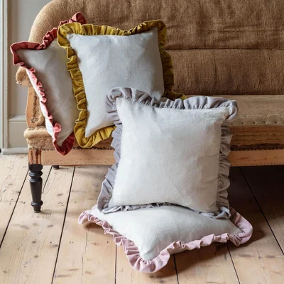 Graham & Green Graham and Green Small Linen and Vintage Pink Velvet Frilled Cushion