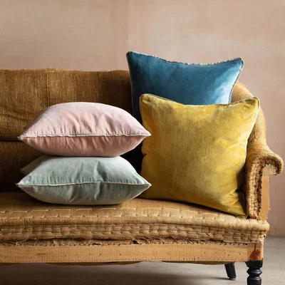 Graham & Green Graham and Green Mustard Velvet Square Cushion with Linen Trim