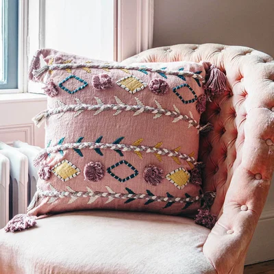 Graham & Green Jaz Three Stripe Square Cushion with Pom Poms