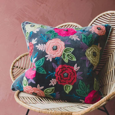 Graham & Green Large Floral Embroidered Velvet Cushion