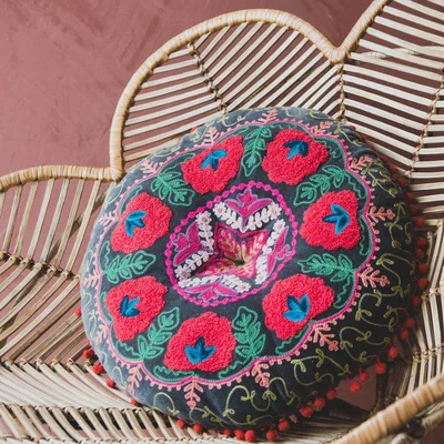 Graham & Green Round Grey Velvet Boho Cushion