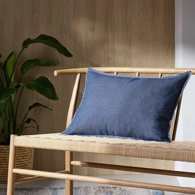 Habitat Habitat Blanket Stitch Oblong Cushion - Blue - 40x60cm