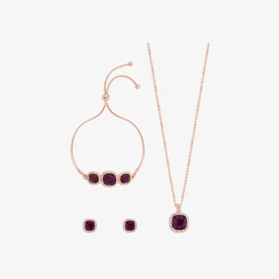 John Lewis Jon Richard Cushion Cubic Zirconia Pendant Necklace, Stud Earrings and Toggle Bracelet, Rose Gold/Purple