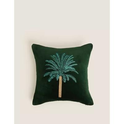 Marks & Spencer M&S Pure Cotton Velvet Embroidered Palm Cushion - Dark Green, Dark Green
