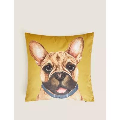 Marks & Spencer M&S Velvet French Bulldog Printed Cushion - Ochre, Ochre