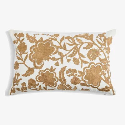 Marks & Spencer M&S Collection Linen Blend Floral Embroidered Bolster Cushion - Gold Mix, Gold Mix,Pink Mix