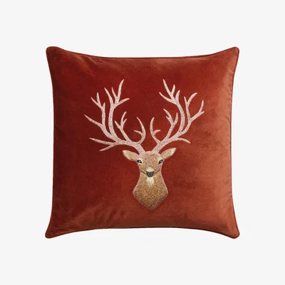 Nordic Nest Embroidered Reindeer cushion cover 50x50 cm rust