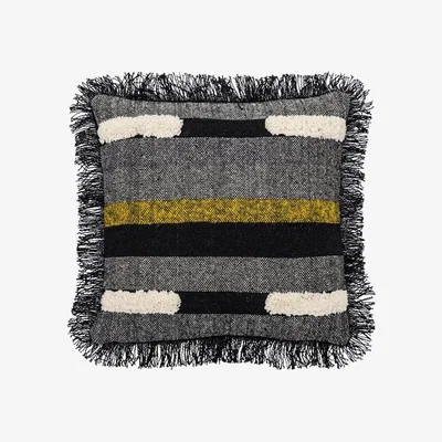 Downtown Tufted Blocks Filled Cushion with Fringe - Black/Grey
