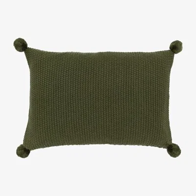 Downtown Moss Stitch PomPom Filled Cushion - Olive In Green