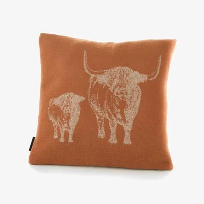 Downtown Deyongs Highland Cows Acrylic Filled Cushion - Paprika, Jacquard