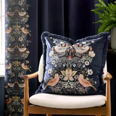 Downtown Morris and Co Strawberry Thief Embroidery Feather Cushion 50cm - Indigo
