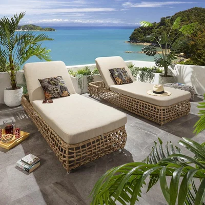 Quatropi Set of 2 Luxury Outdoor Garden Cushioned Rattan Sun Lounger Beige 206cm