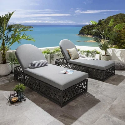 Quatropi Set of 2 Outdoor Garden Cushioned Recliner Sun Loungers Grey Rope 199cm